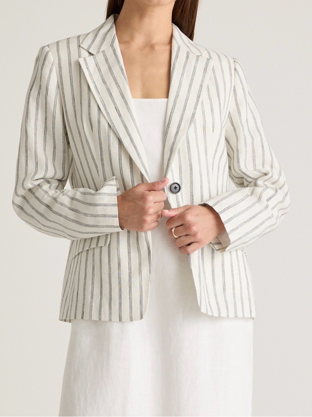 Quince  European Linen White Blazer with black Vertical Stripes